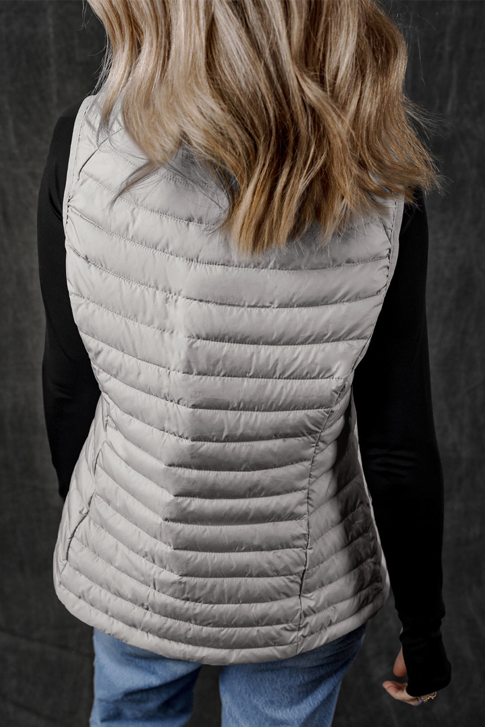 Silvery Plush Collared Quilted Zipped Puffer Vest 🇺🇸