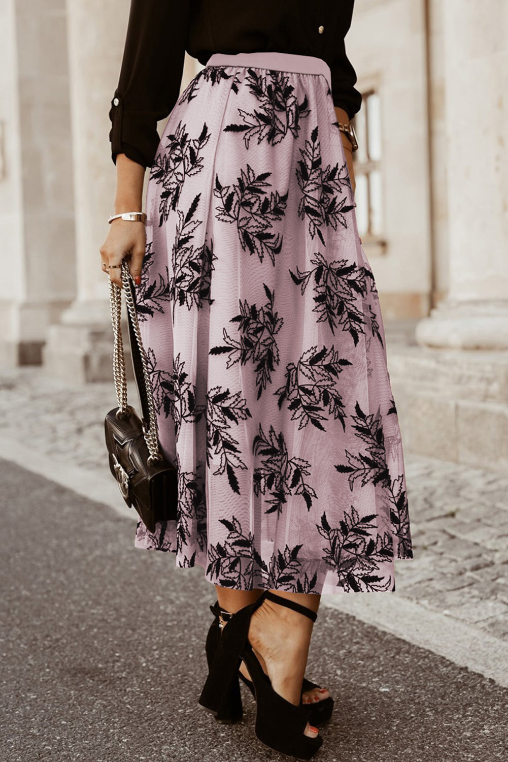 Peach Blossom Floral Leaves Embroidered High Waist Maxi Skirt 🇨🇳