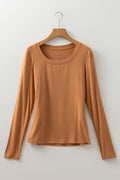 Chestnut Solid Color Long Sleeve Fitted Top 🇺🇲