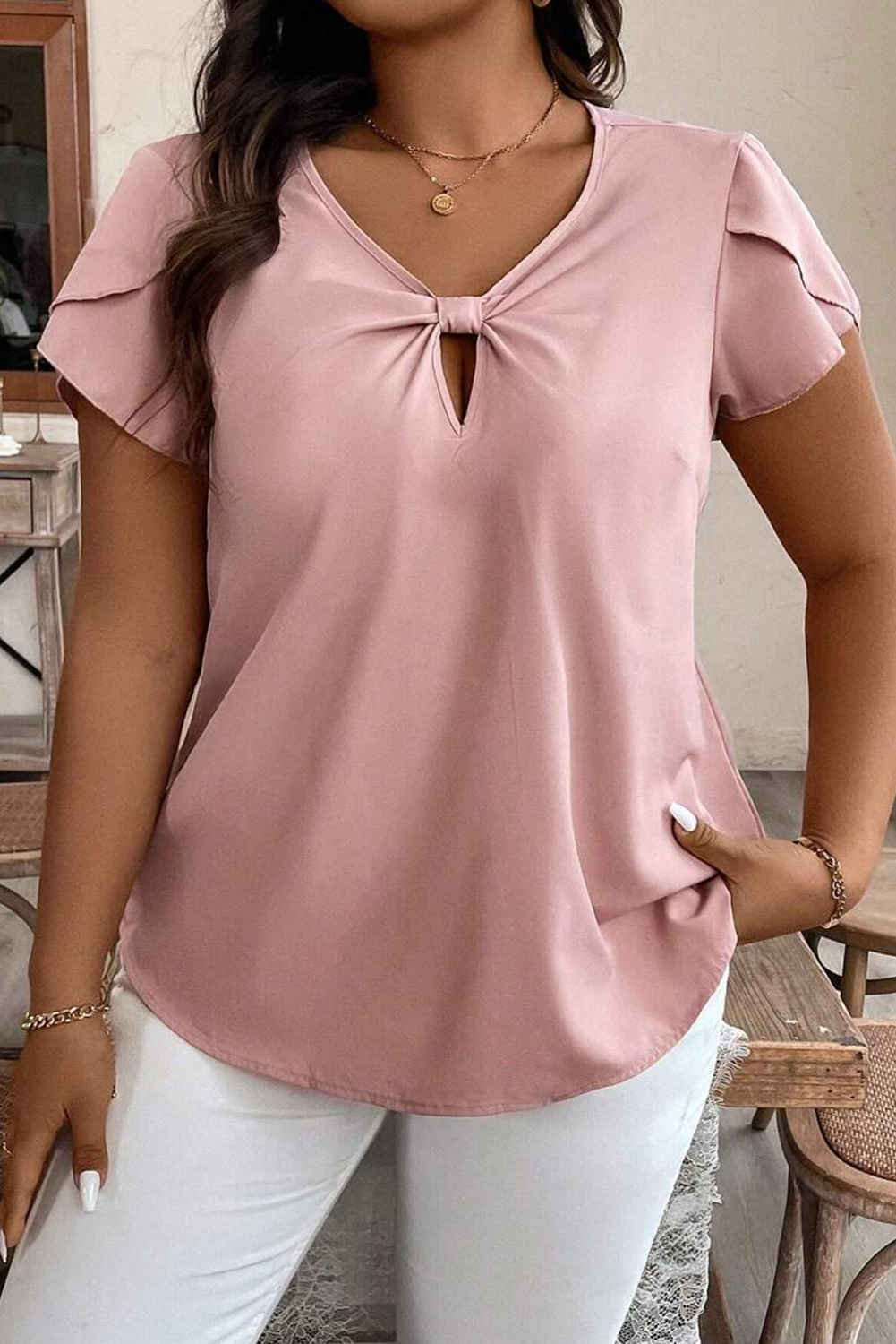 Pink Knotted Keyhole Front Petal Short Sleeve Plus Size Top 🇨🇳