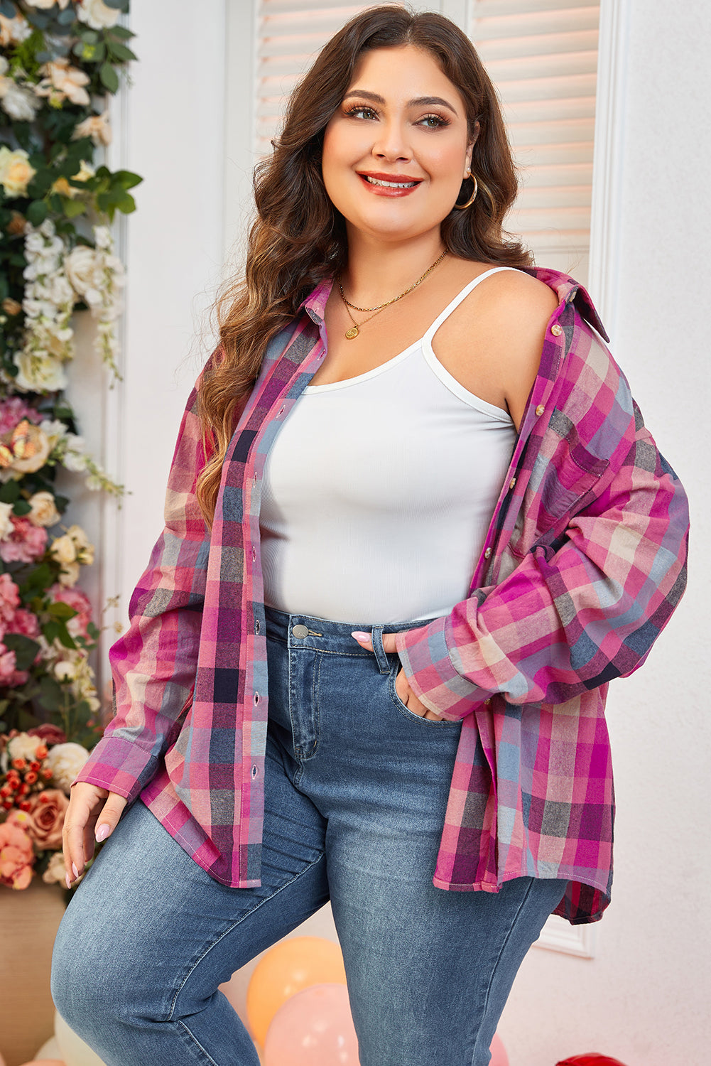 Rose Stripe Plus Size Checkered Print Button up Shirt 🇨🇳