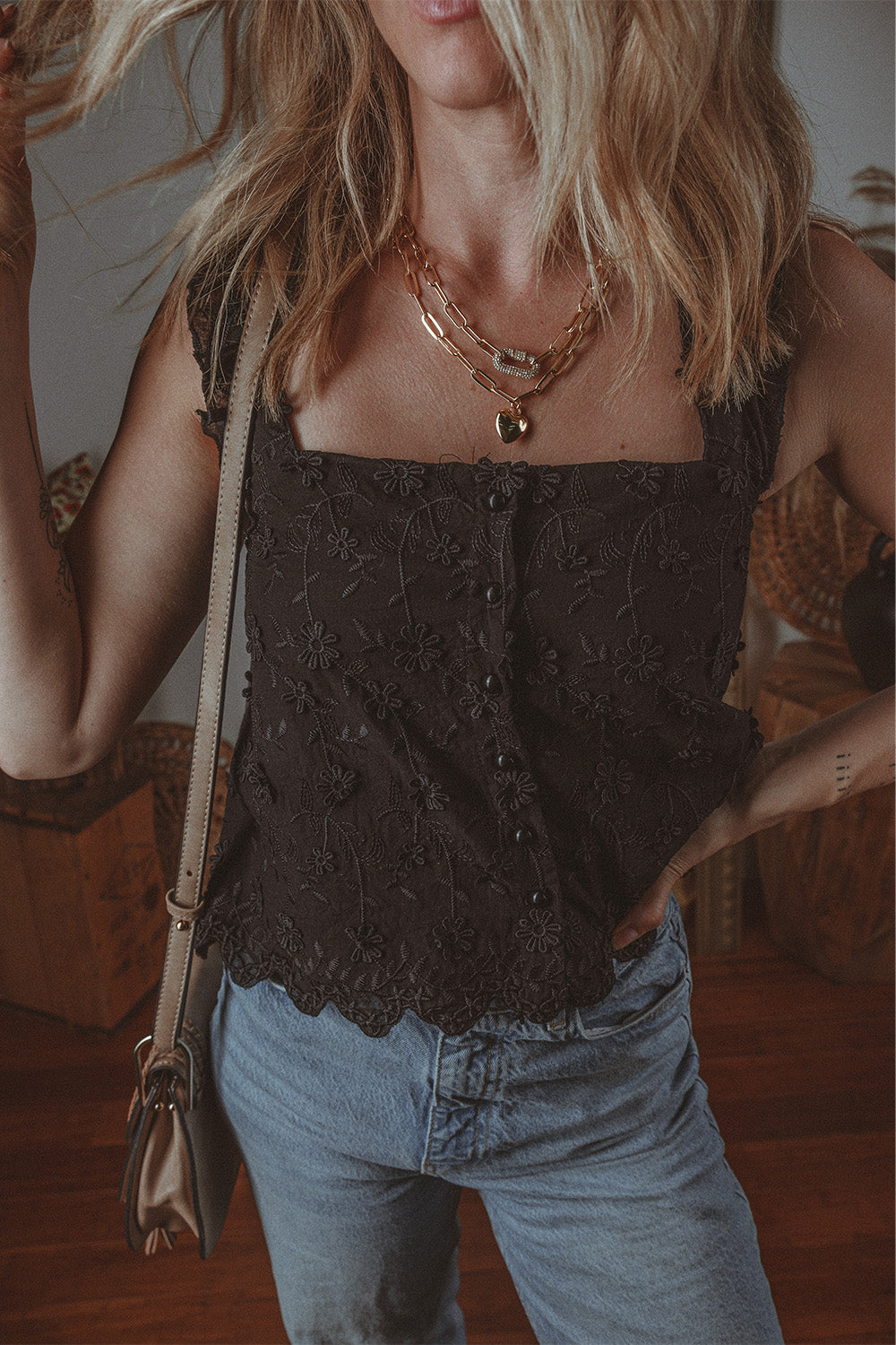 Black Floral Embroidered Buttoned Square Neck Tank Top 🇺🇸