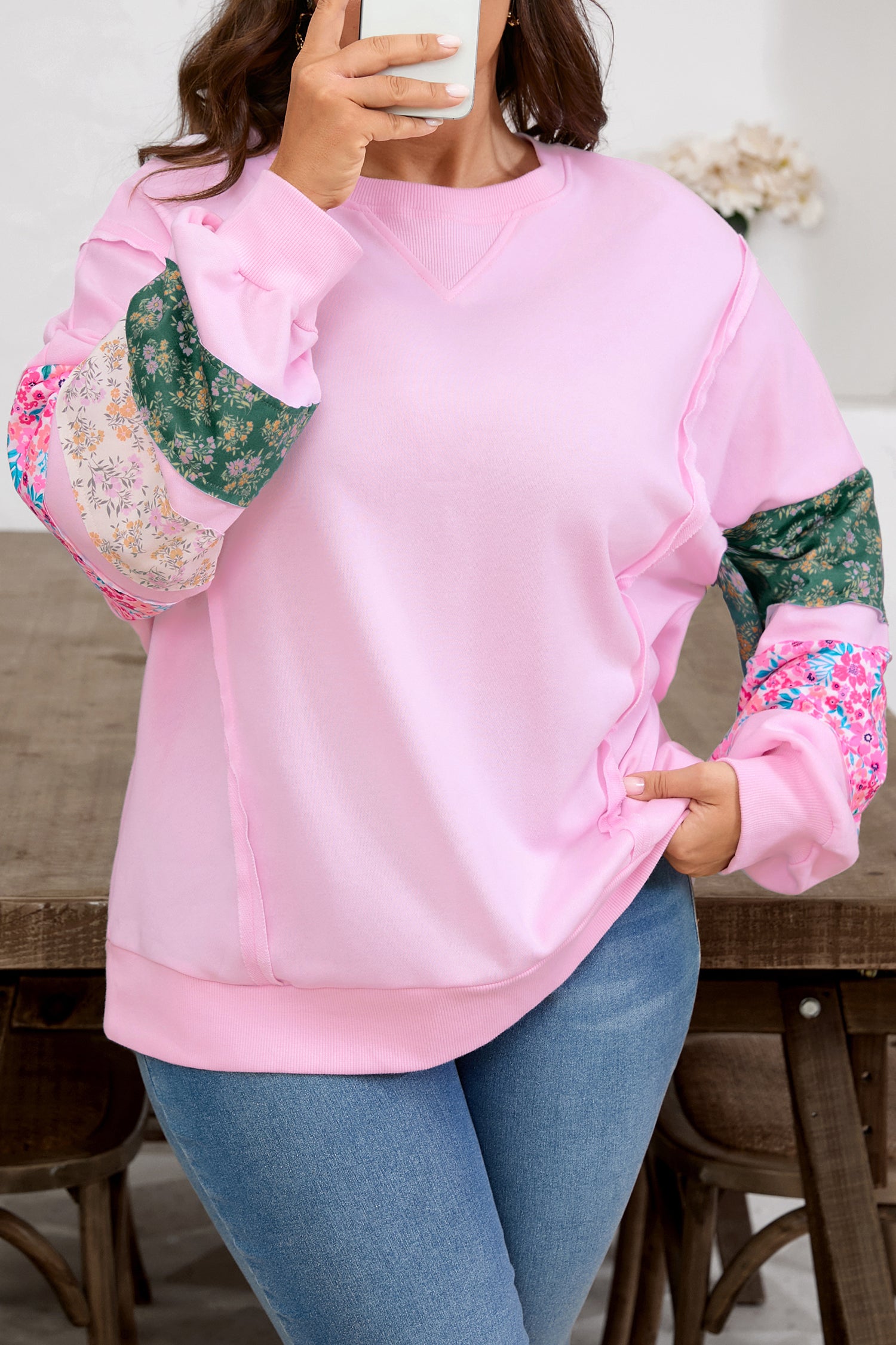 Pink Plus Size Mix Floral Patched Sleeve Ribbed Trim Baggy Sweatshirt 🇺🇸