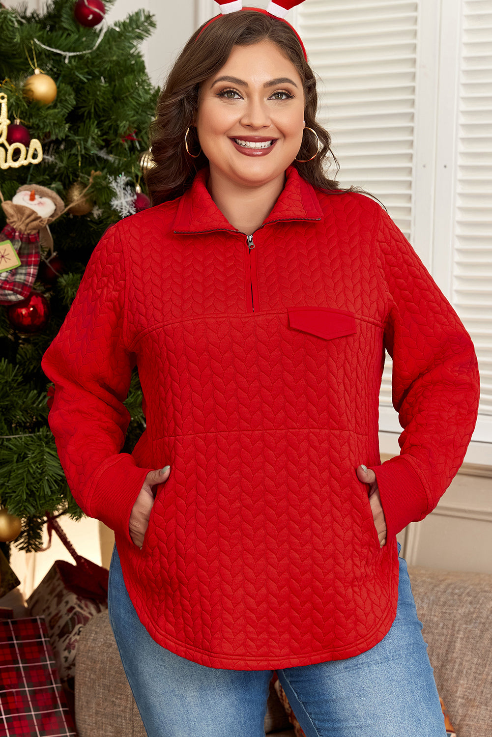 Tomato Red Cable Textured Quarter Zip Pocketed Plus Size Pullover 🇺🇸