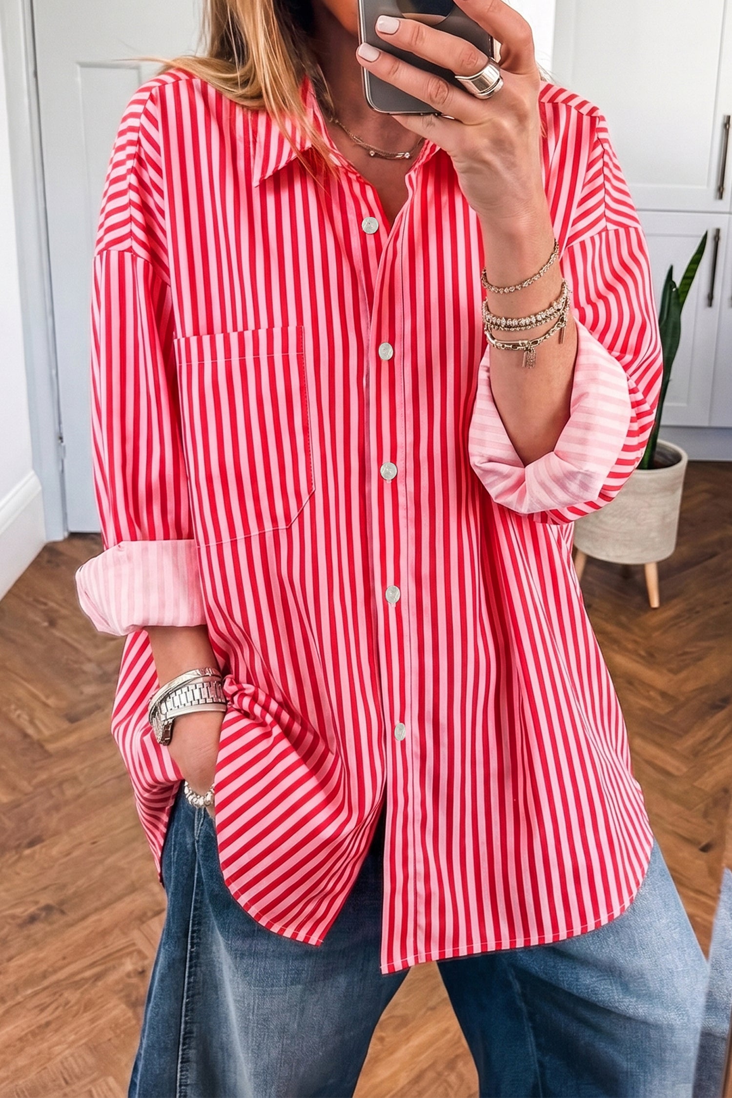 Red Stripe Button-Up Shirt Long Sleeve Patch Pocket Casual Shirt 🇺🇸