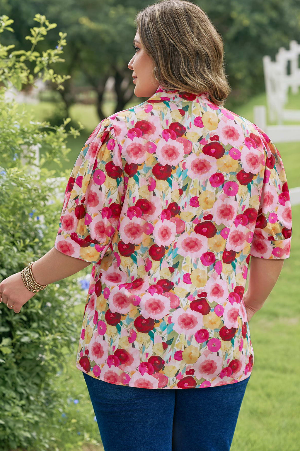 Pink Plus Size Flower Print Split V Neck Puff Short Sleeve Top 🇺🇸