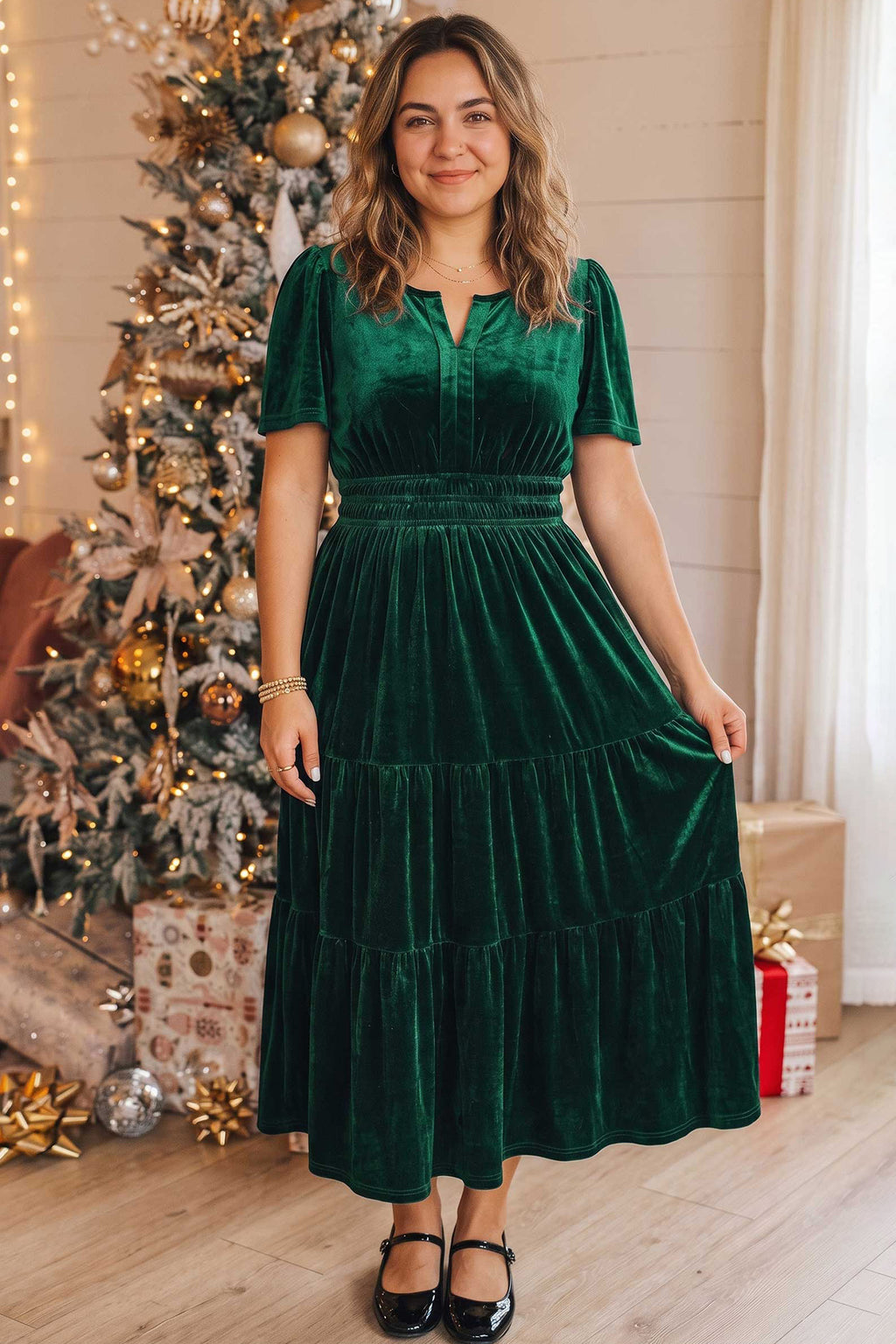 Blackish Green Velvet Short Sleeve Shirred Waist Tiered Plus Size Maxi Dress 🇺🇸
