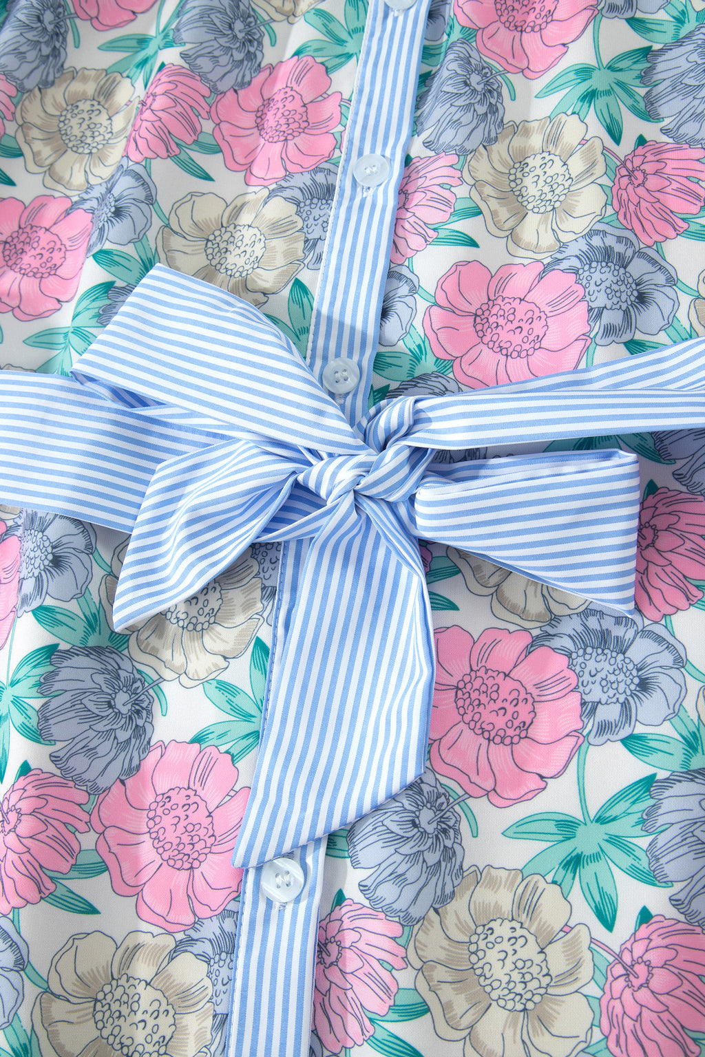 White Floral Print Striped Contrast Trim Belted Short Dress 🇺🇸