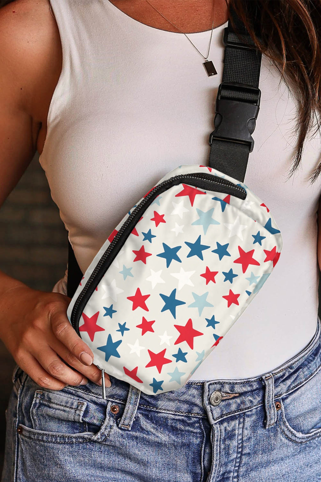 White Star Printed Buckle Strap Flag Day Crossbody Bag 🇨🇳