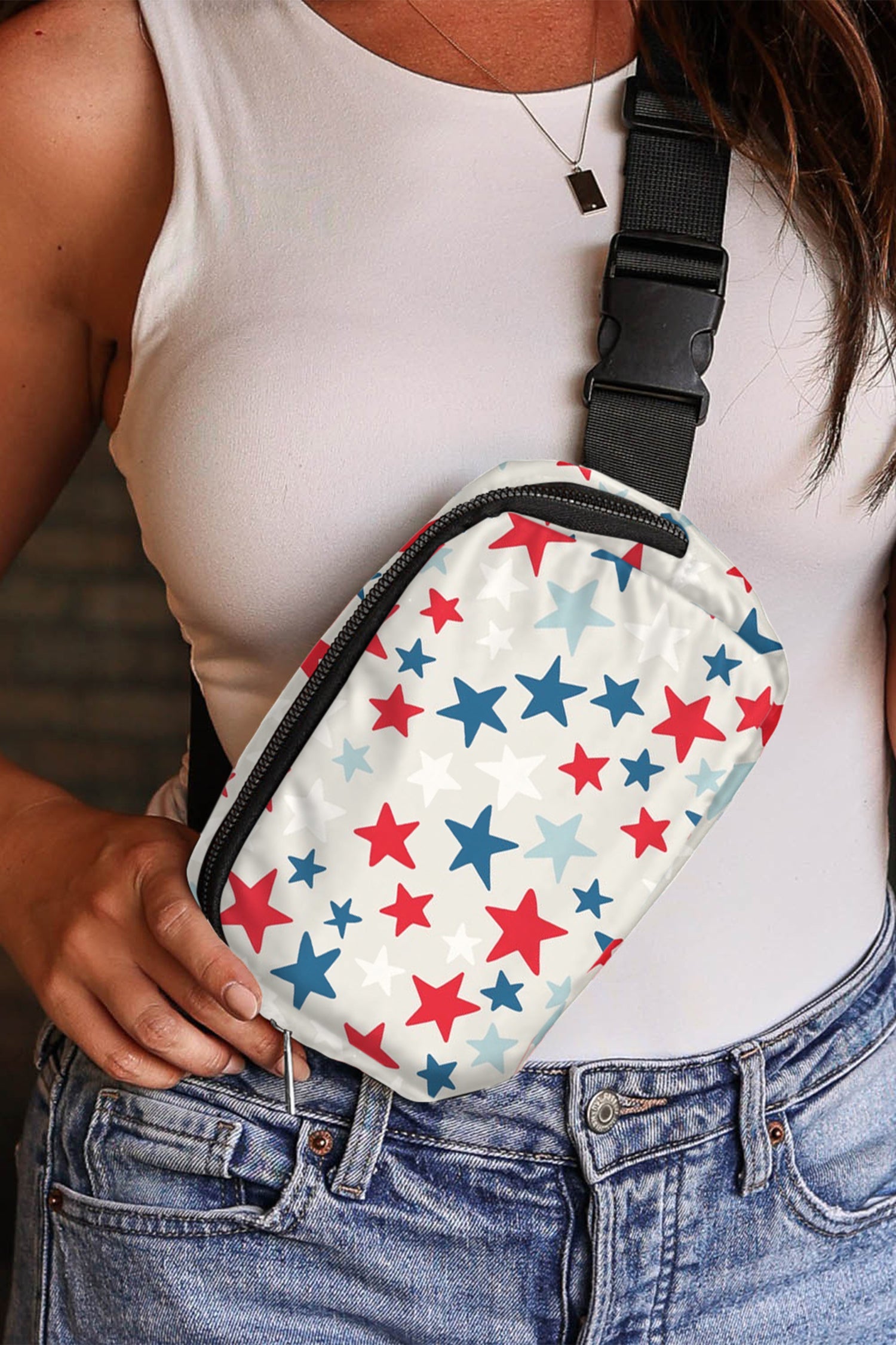 White Star Printed Buckle Strap Flag Day Crossbody Bag 🇨🇳