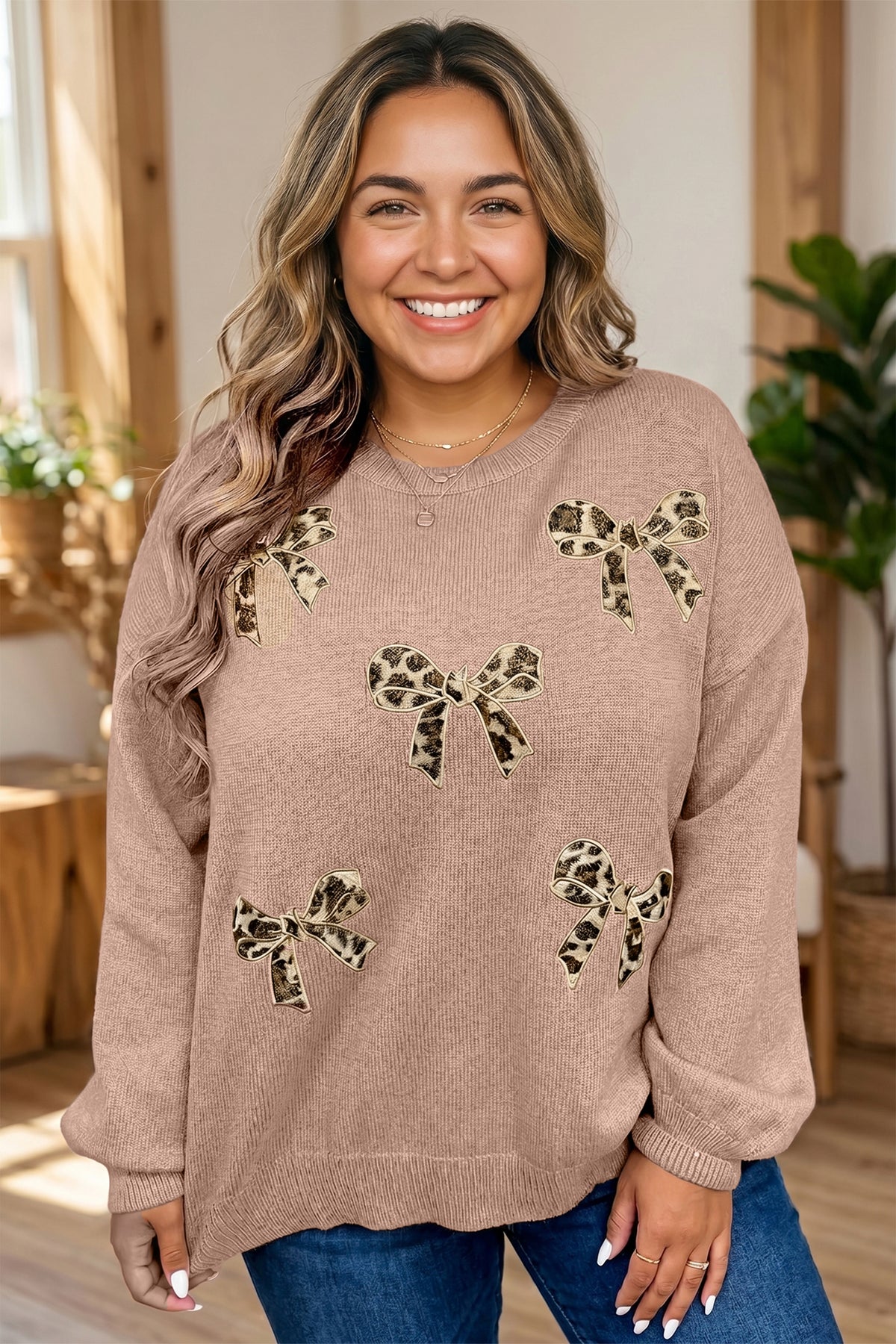 Dark Khaki Leopard Bow Embroidery Drop Shoulder Tunic Plus Size Sweater 🇺🇸