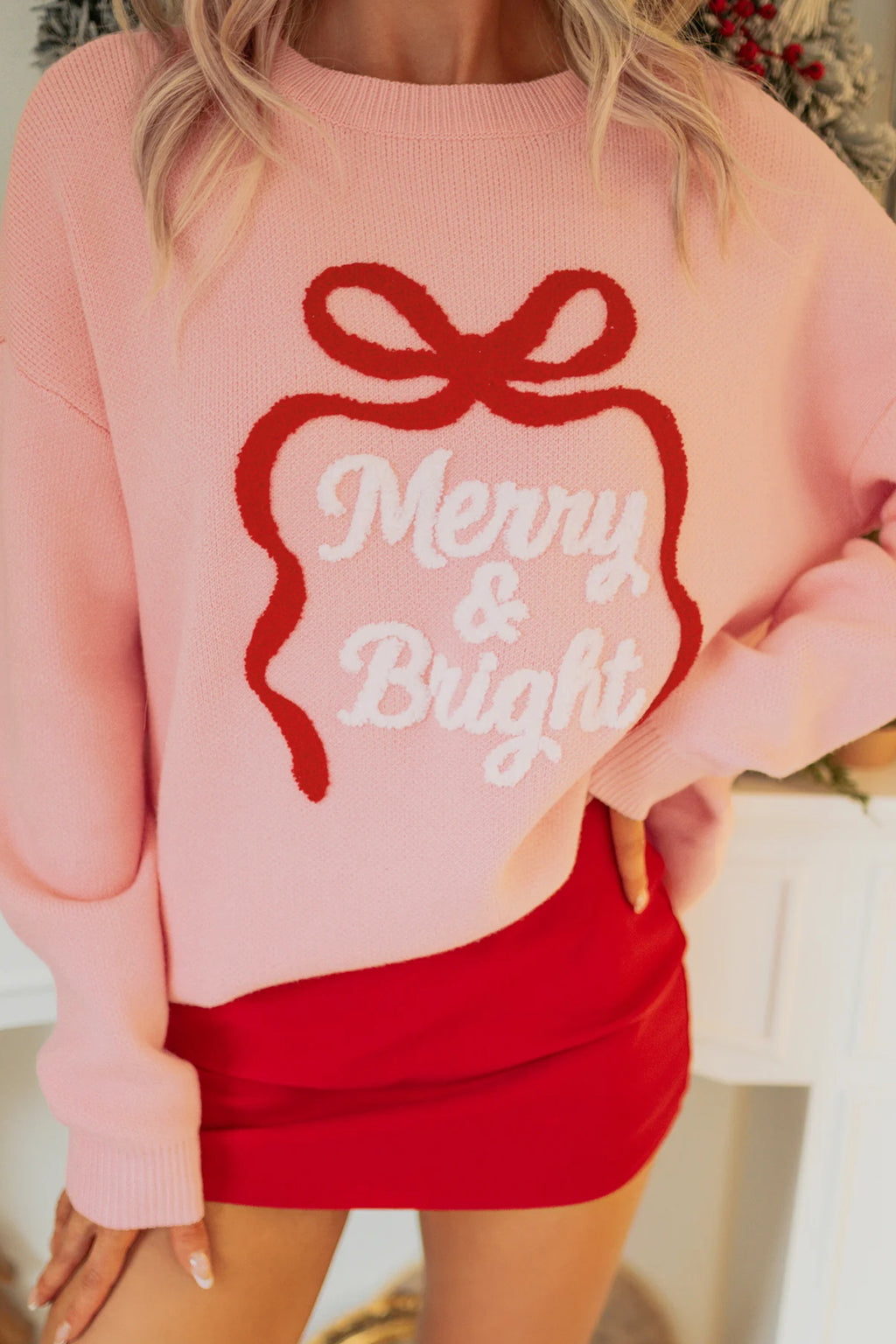 Gossamer Pink Drop Shoulder Round Neck Towel Embroidery Slogan Pullover Sweater 🇺🇸