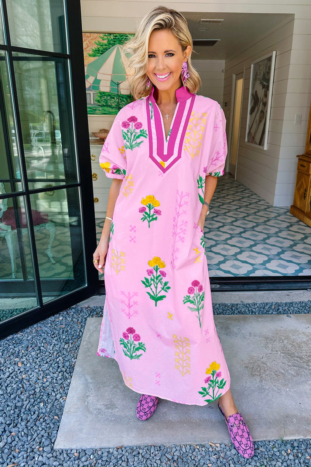 Pink Floral Print Short Sleeve Colorblock Trim V Neck Midi Dress 🇺🇸