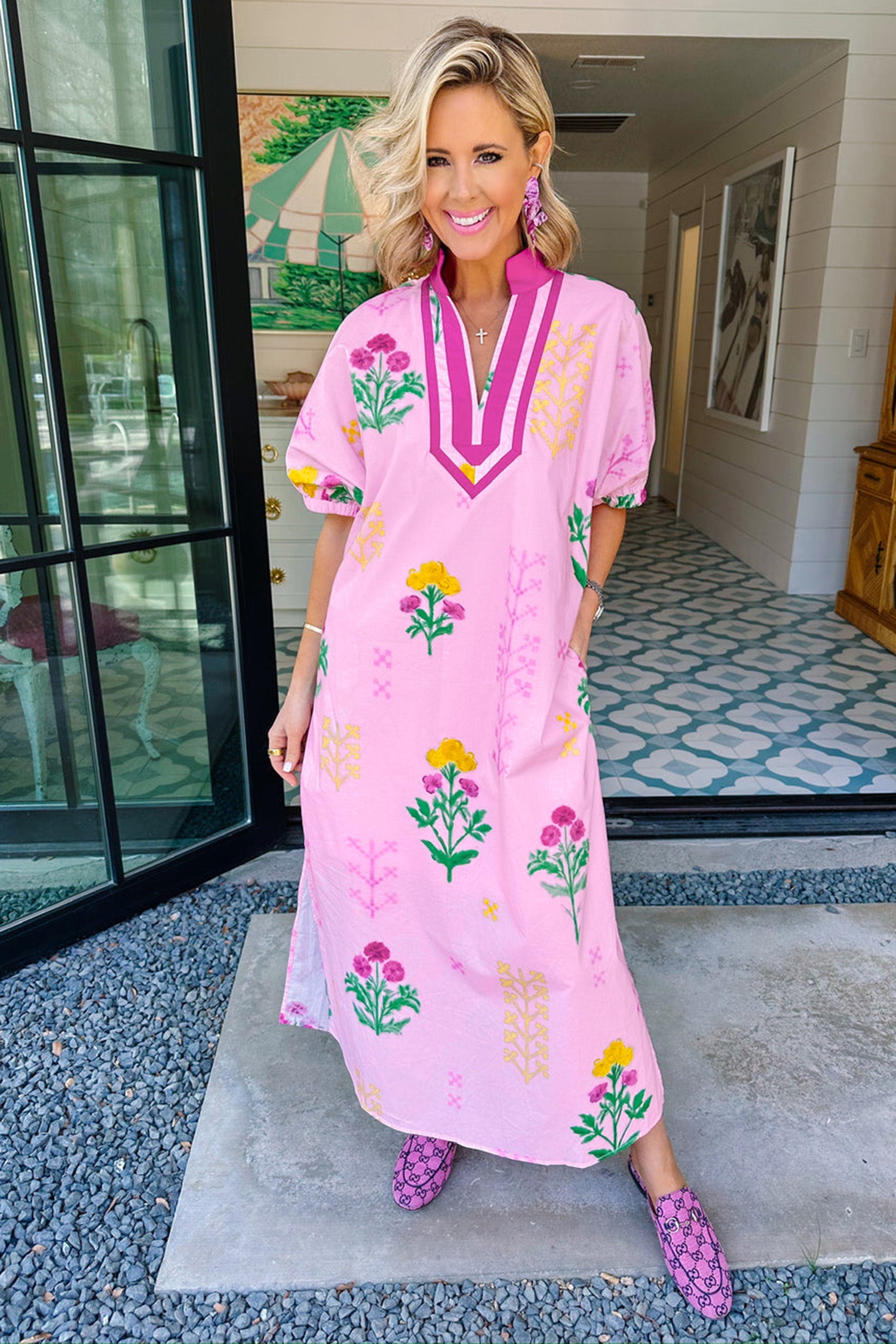 Pink Floral Print Short Sleeve Colorblock Trim V Neck Midi Dress 🇺🇸