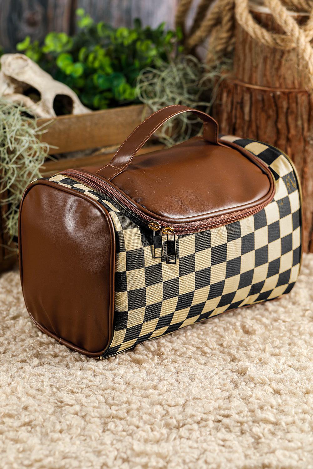 Black Checkered PU Leather Zipper Makeup Bag 🇨🇳