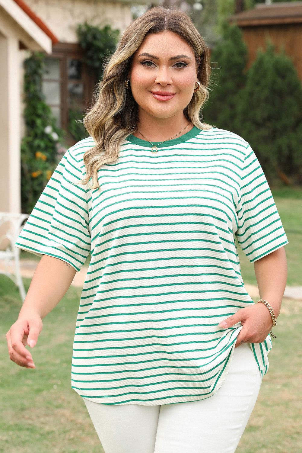 Green Stripe Plus Size Round Neck T Shirt 🇨🇳