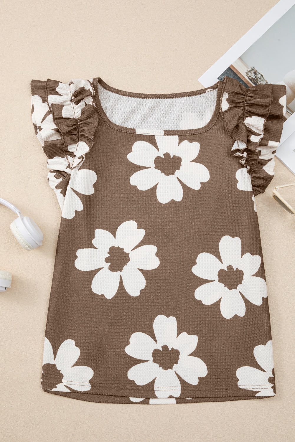 Brown Floral Textured Ruffled Short Sleeve Square Neck Blouse 🇺🇲