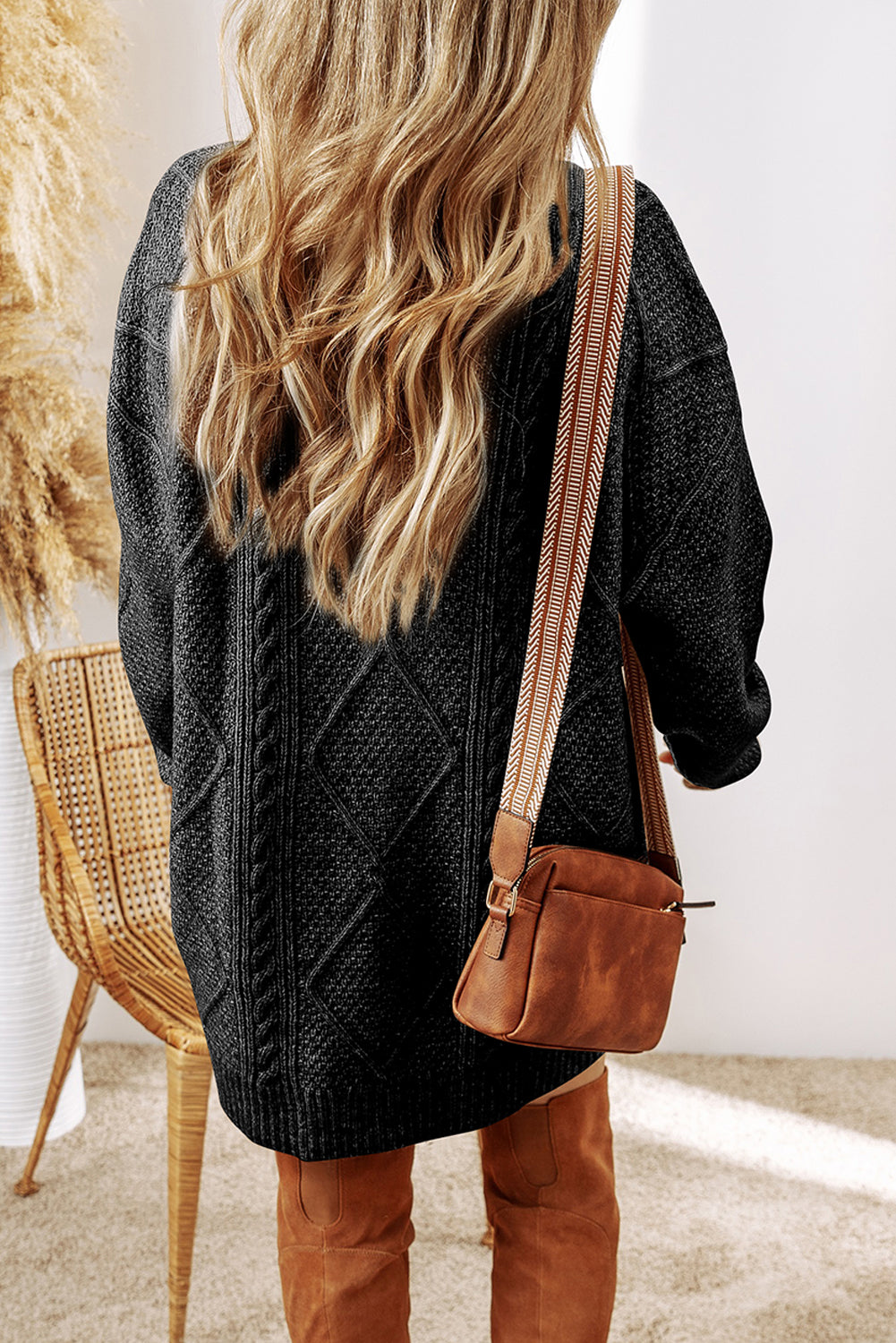 Black Cable Knit Drop Shoulder Loose Fit Sweater Dress 🇺🇸