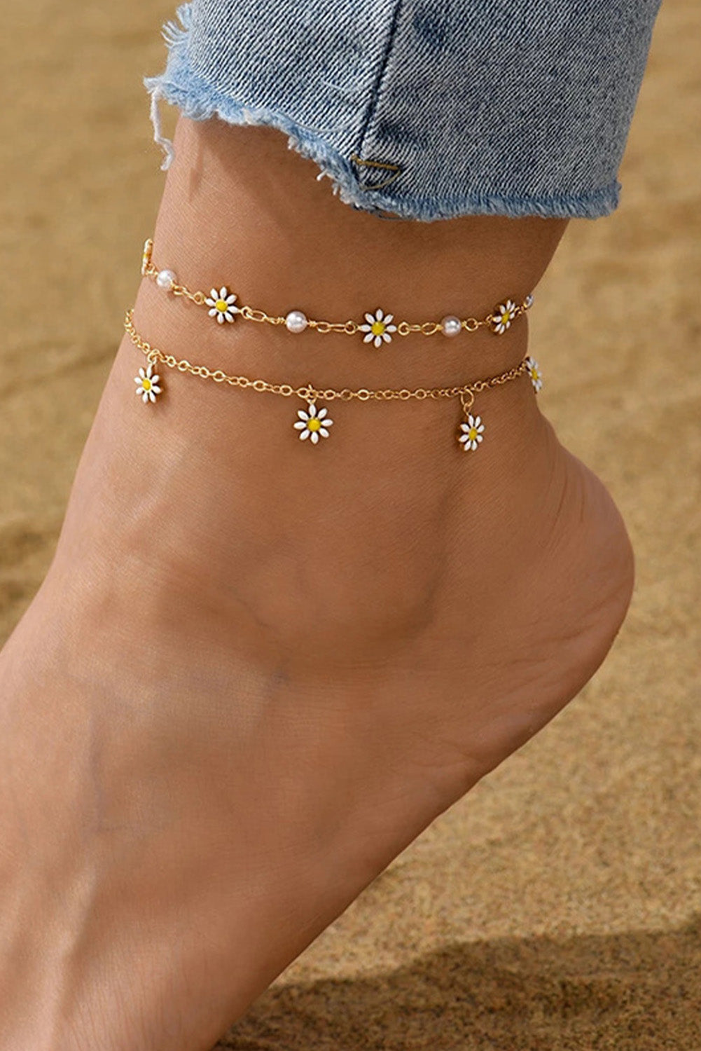Gold Daisy & Pearl Chain Anklet 🇨🇳