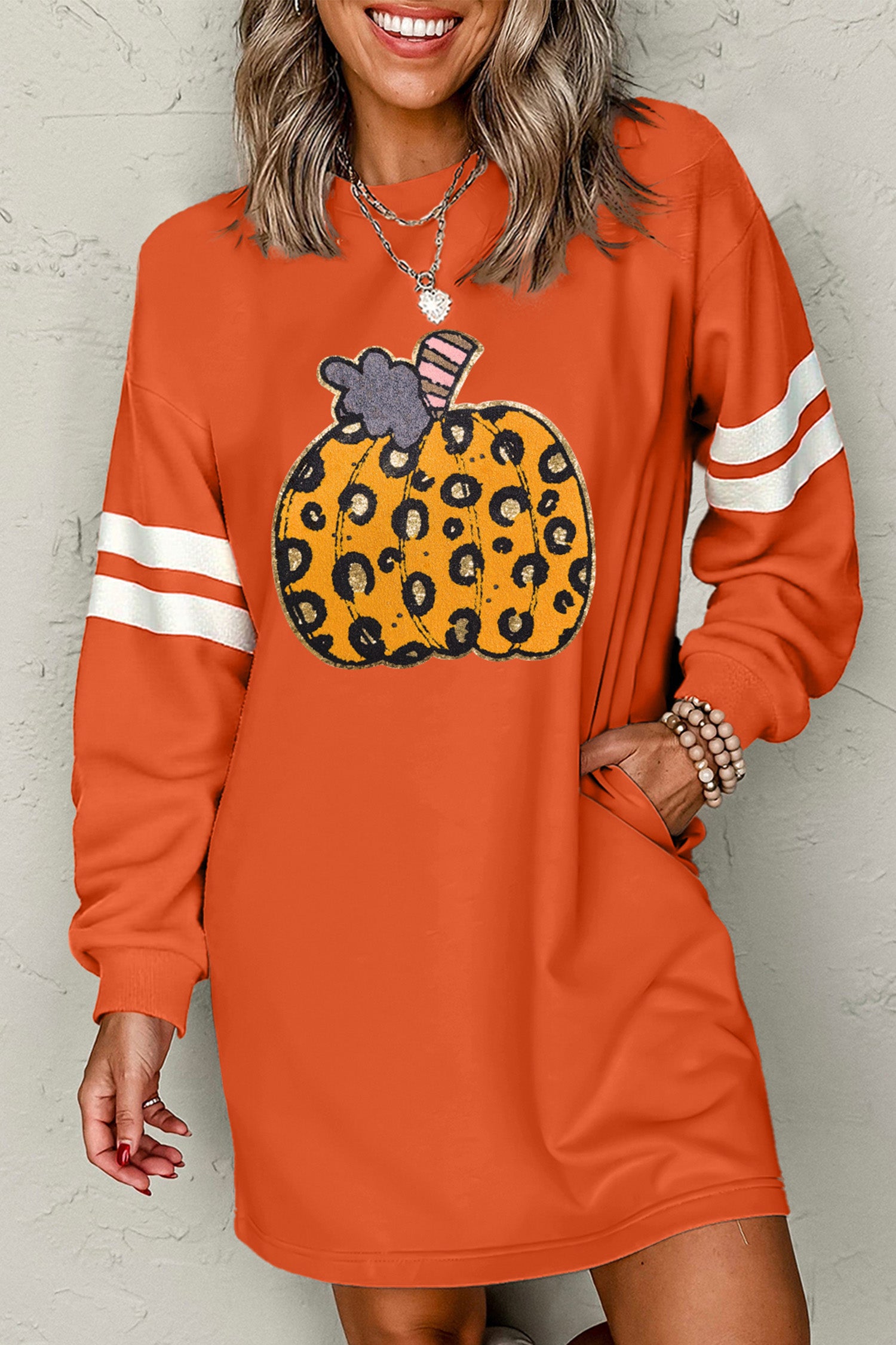 Orange Leopard Print Pumpkin Graphic Varsity Striped Long Sleeve Tunic Dress 🇺🇸