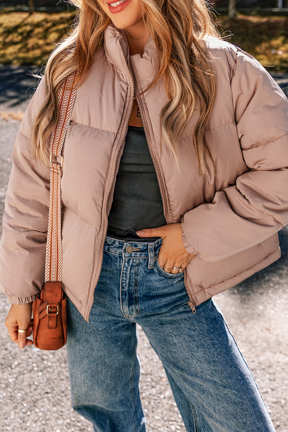 Apricot Pink Full Zipper Quilted Puffer Jacket 🇺🇲