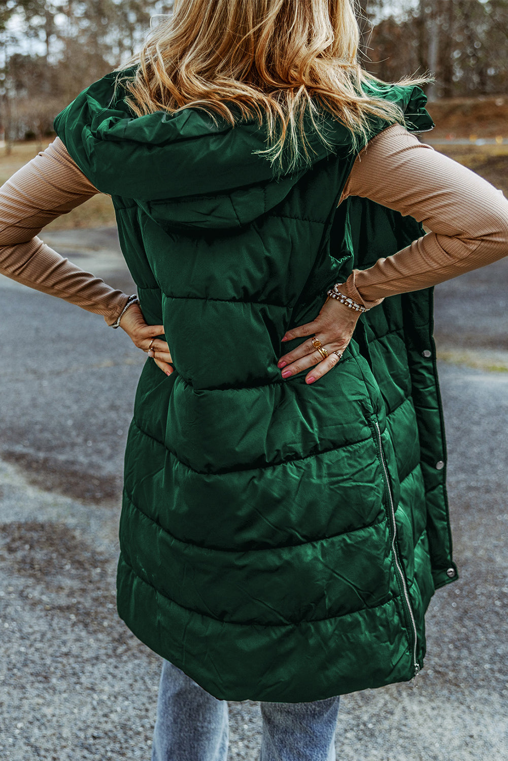 Green Hooded Long Quilted Vest Coat 🇺🇸