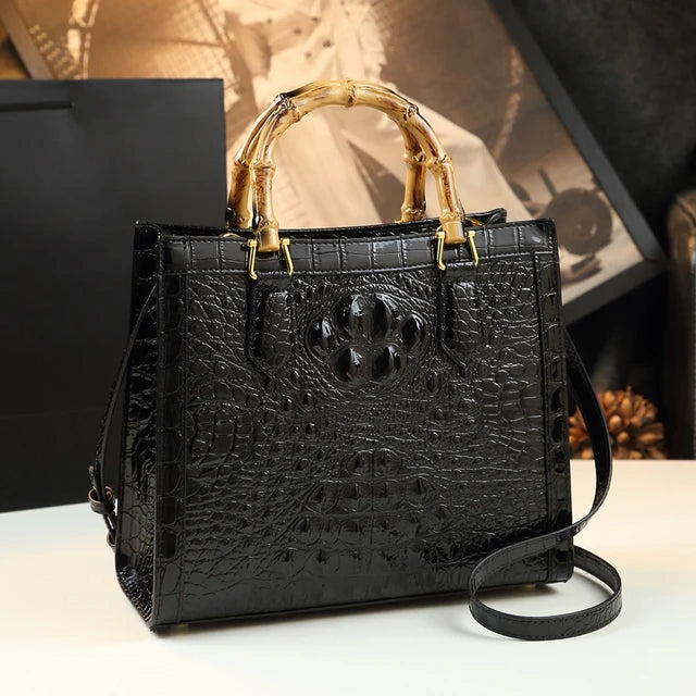 Brand Genuine Leather Bamboo Women's Bag Crocodile Pattern Handbag 🇨🇳