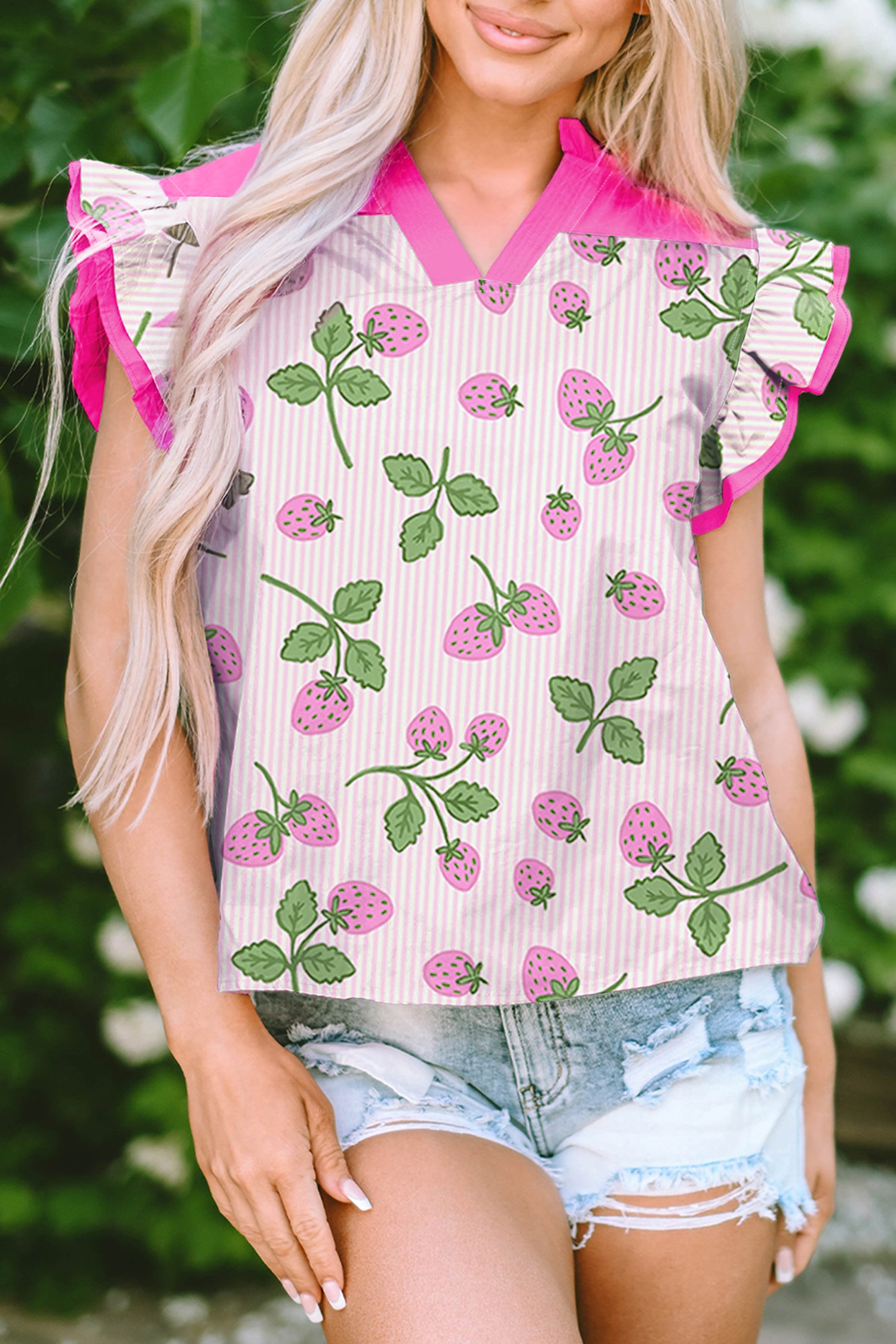 Pink Striped Strawberry Printed Color Block Patchwork V Neck Flutter Sleeve Blouse 🇺🇸