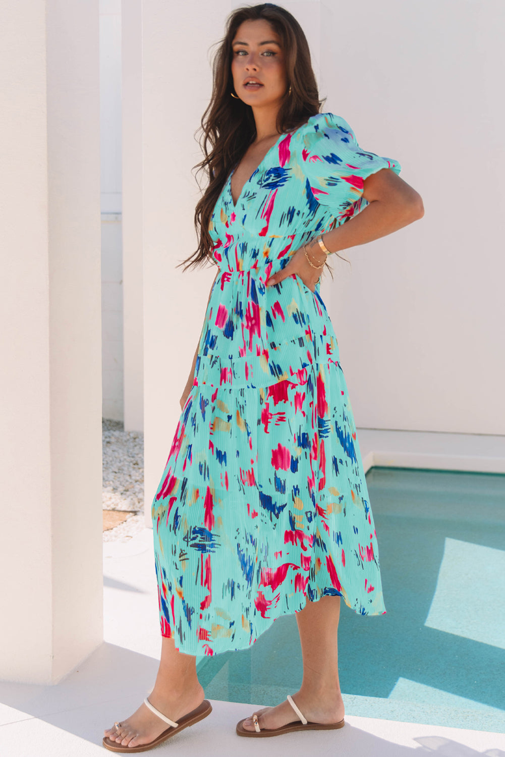 Sky Blue Abstract Print Short Puff Sleeve Tiered Maxi Dress 🇨🇳