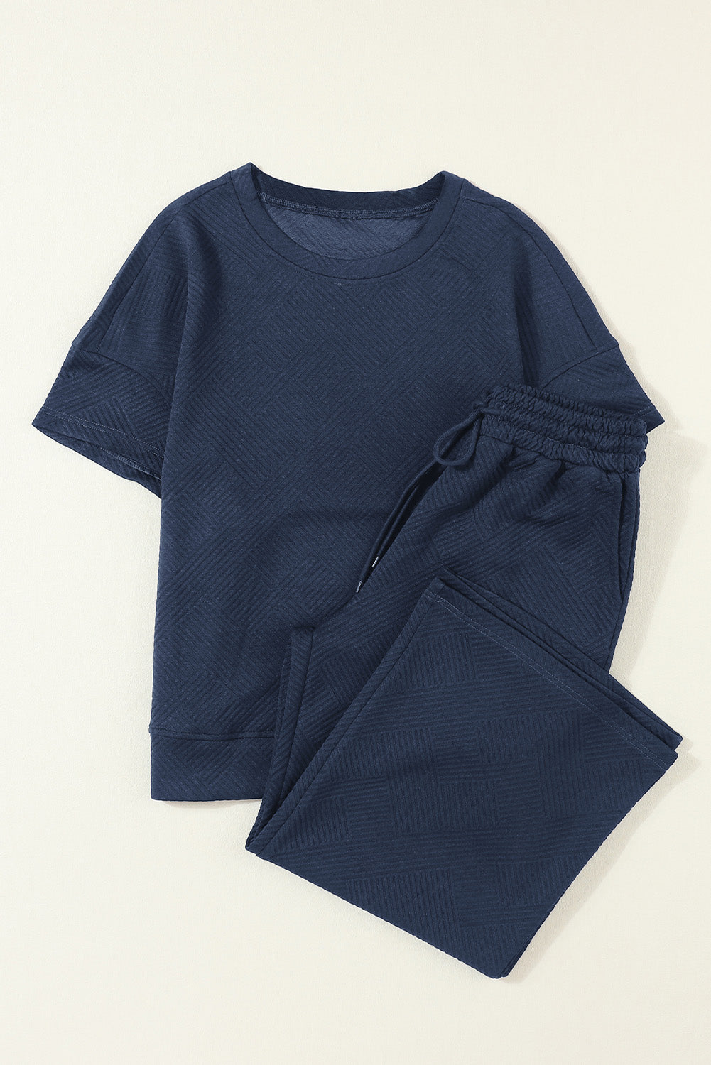 Navy Blue Textured Loose Fit T Shirt and Drawstring Pants Set 🇨🇳