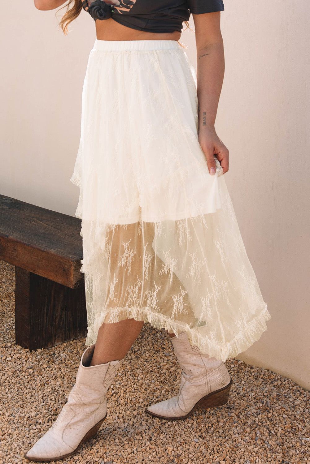 Beige Lace Cascading Tiered High Waist Maxi Skirt 🇨🇳