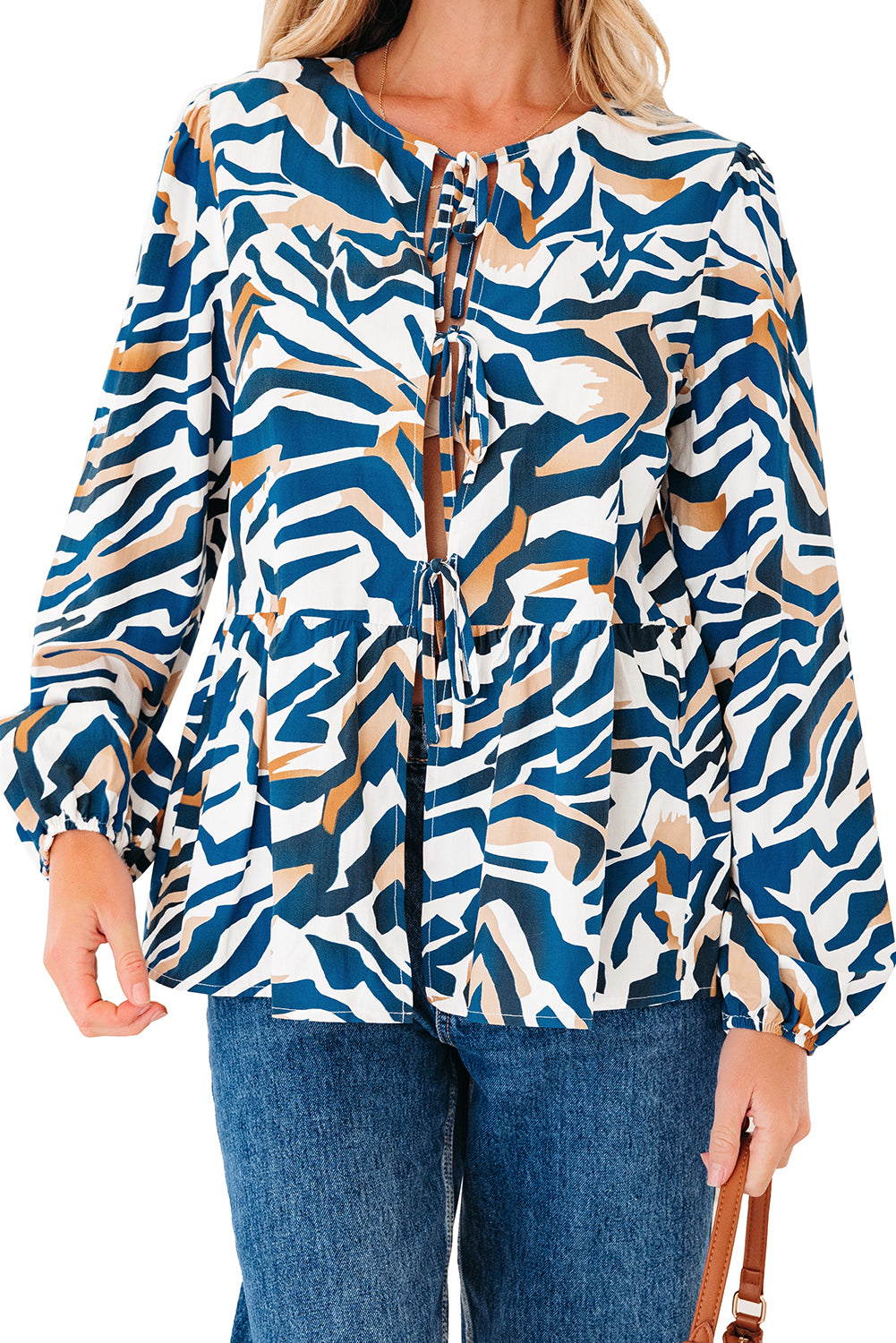 Blue Zebra Print Tied Front Puff Sleeve Top 🇺🇸