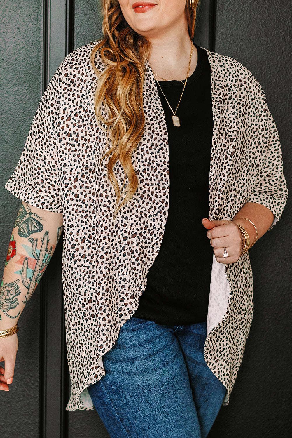 Khaki Plus Size Leopard Print Half Sleeve Open Front Cardigan  🇺🇸