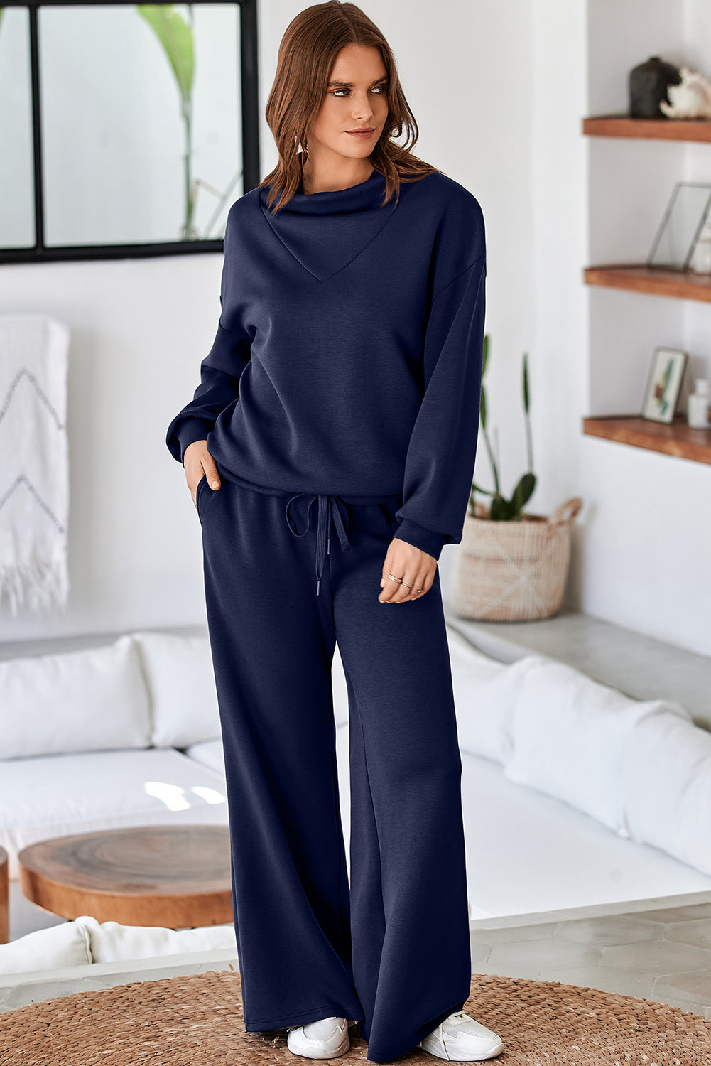 Dusk Blue Solid Color Cowl Neck Drawstring Pullover Wide Leg Athleisure Pants Set 🇺🇸
