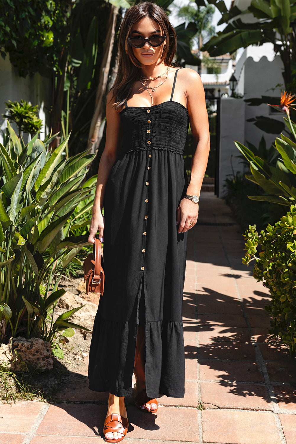 Black Spaghetti Straps Smocked Front Slit Buttoned Dress 🇨🇳