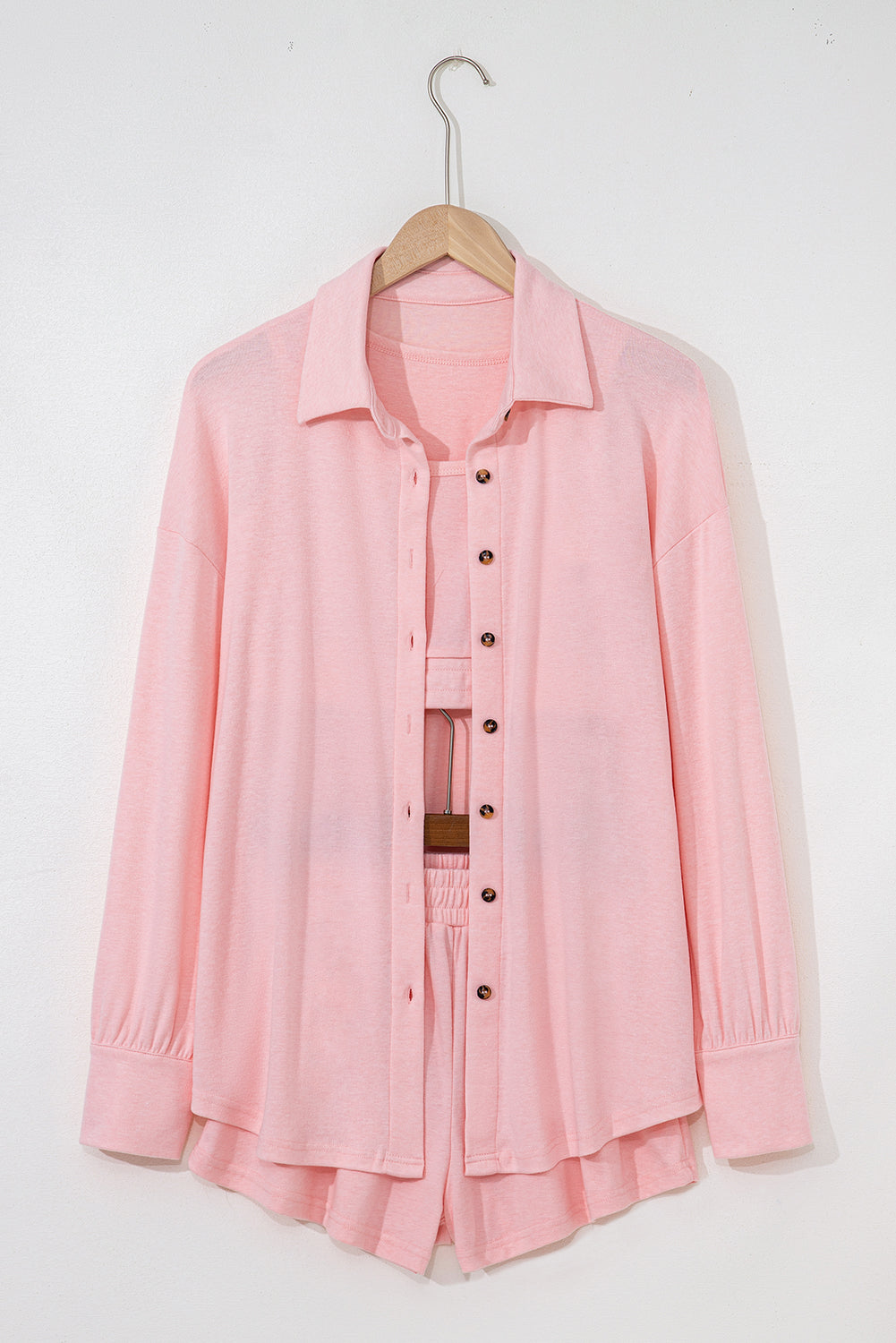 Light Pink 3 Pcs Crop Tank Top Shorts with Cardigan Lounge Set 🇨🇳