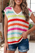 Multicolour Striped Eyelet Knit V Neck Sweater Team 🇺🇸