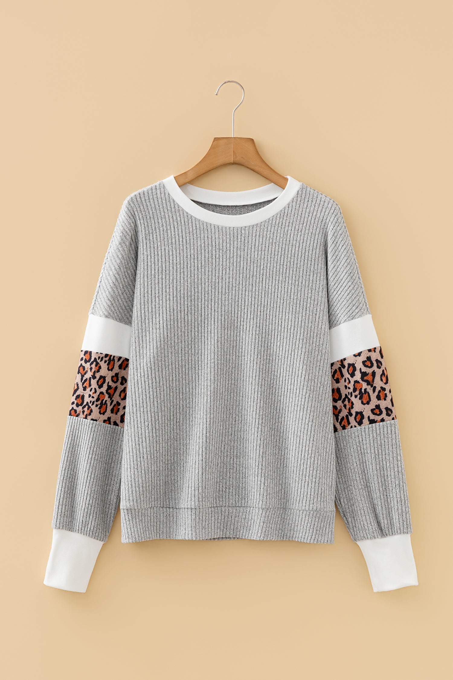Gray Leopard Print Colorblock Patchwork Ribbed Knit Top 🇺🇸