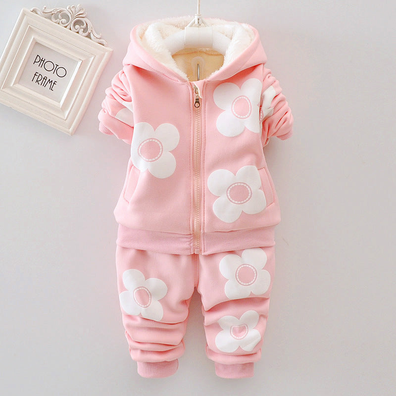 Autumn plus velvet set for girls' outdoor wear, three flower early winter clothing, two-piece set 🇨🇳