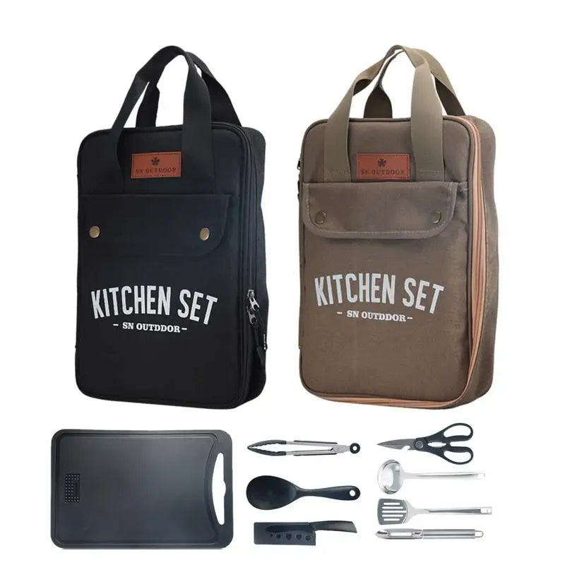 Camping Kitchen 8pcs Outdoor Cookware Kit Stainless Steel Tool Travel Set And Utensil Organizer Storage bag 🇨🇳