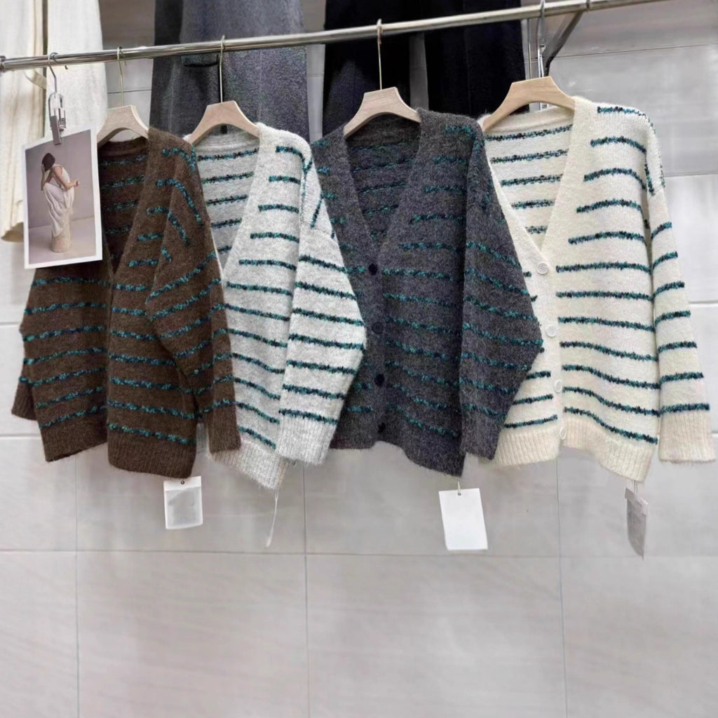 Block Stripe V-Neck Knitted Cardigan 🇨🇳