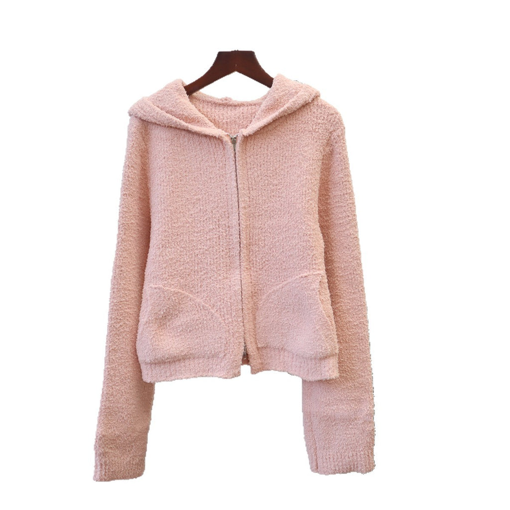 Solid Color Double Zipper Hooded Knit Cardigan 🇨🇳