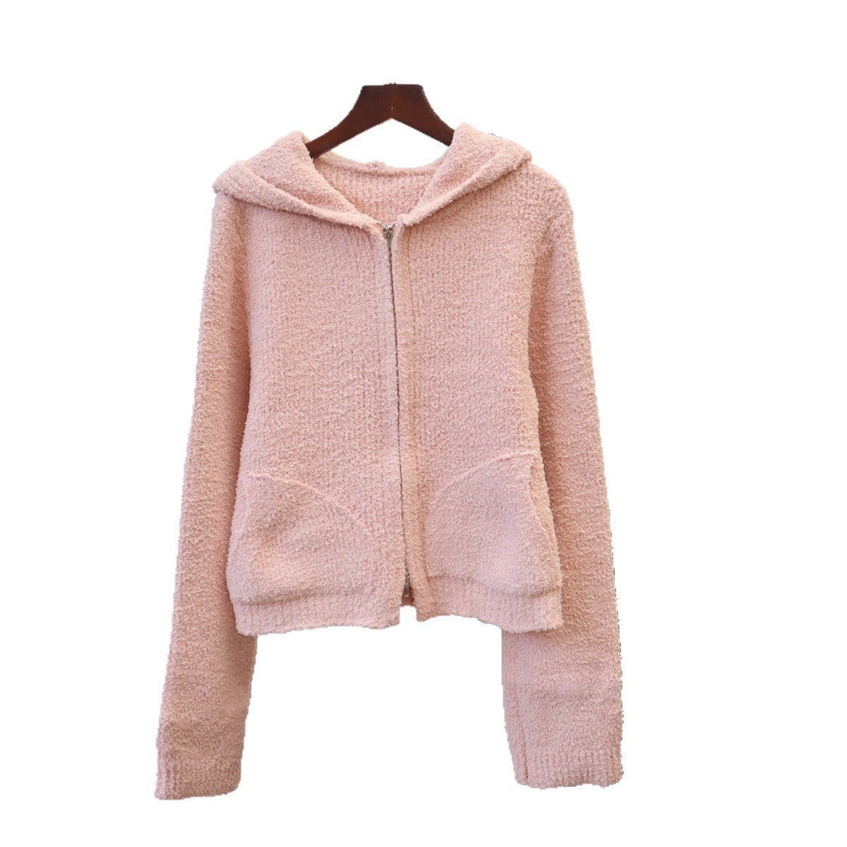 Solid Color Double Zipper Hooded Knit Cardigan 🇨🇳