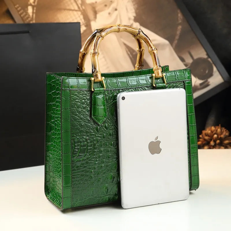 Brand Genuine Leather Bamboo Women's Bag Crocodile Pattern Handbag 🇨🇳