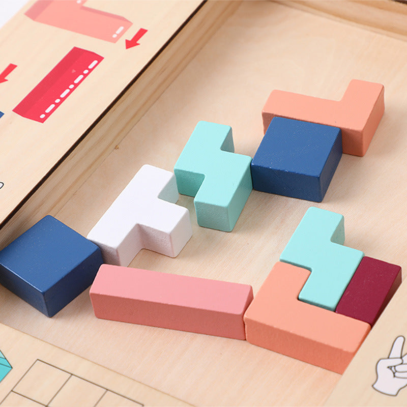 Wooden children's enlightenment multifunctional spatial thinking puzzle game Tetris three in one building blocks 🇨🇳