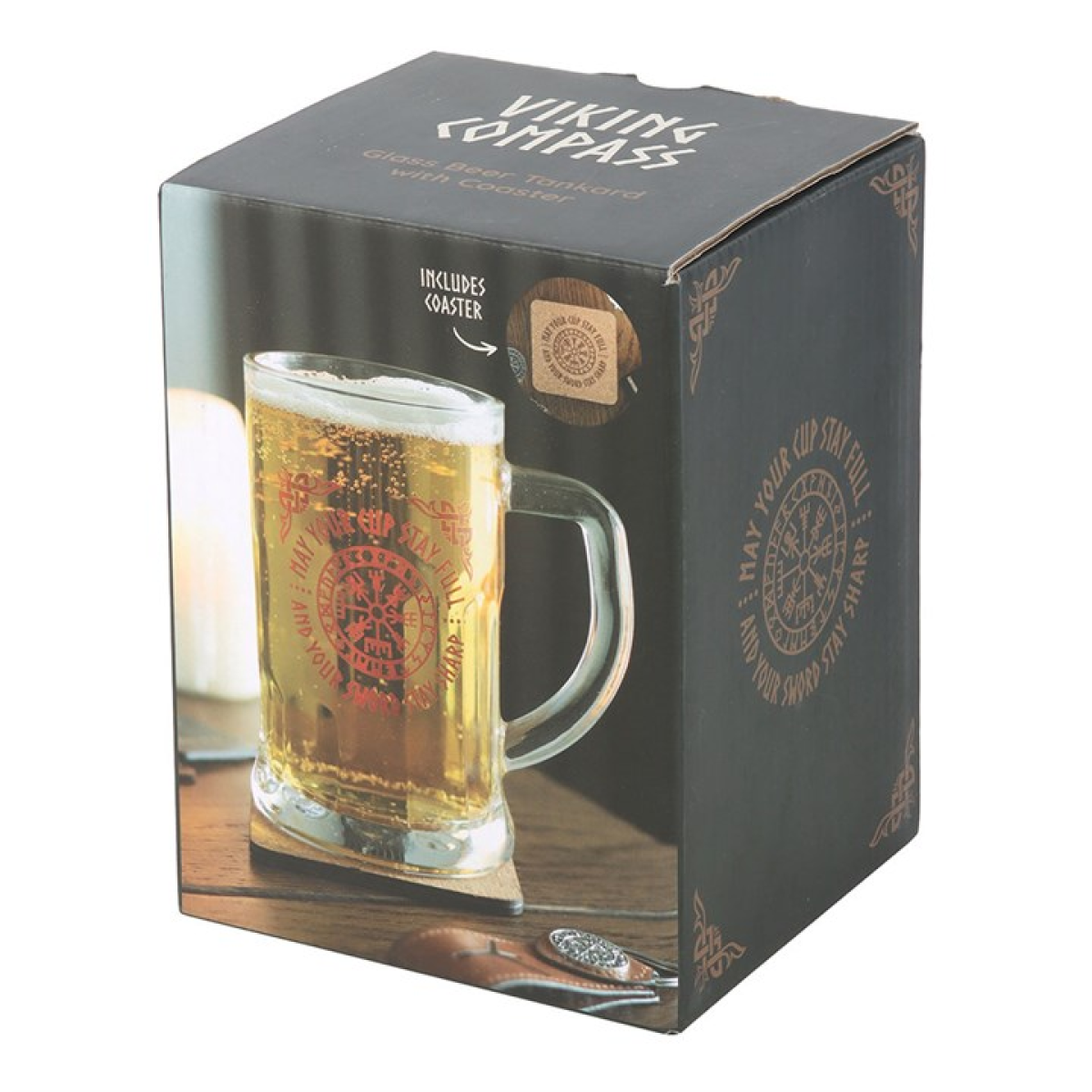 Viking Compass Glass Beer Tankard with Coaster 🇬🇧