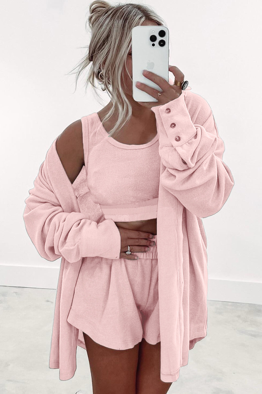 Light Pink 3 Pcs Crop Tank Top Shorts with Cardigan Lounge Set 🇨🇳