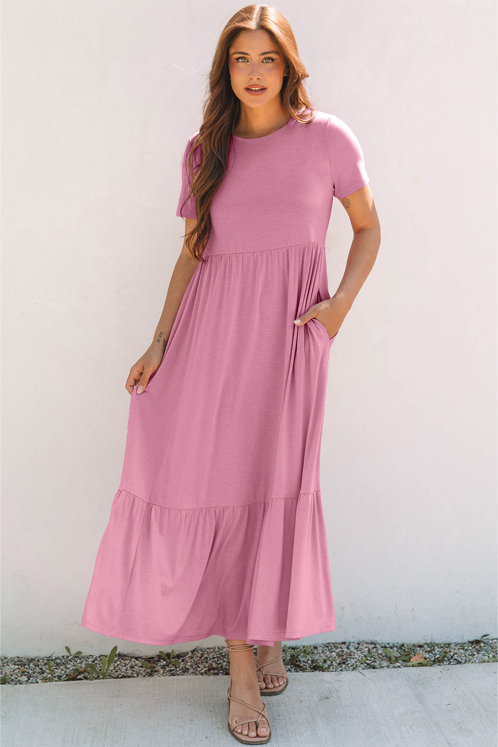 Pink Solid Color T-shirt High Waist Pocketed Long Dress 🇨🇳