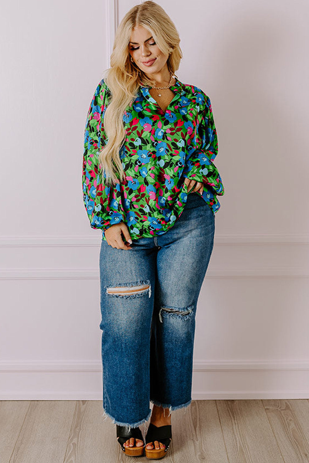 Green Plus Size Floral Bubble Sleeve V Neck Blouse 🇺🇸