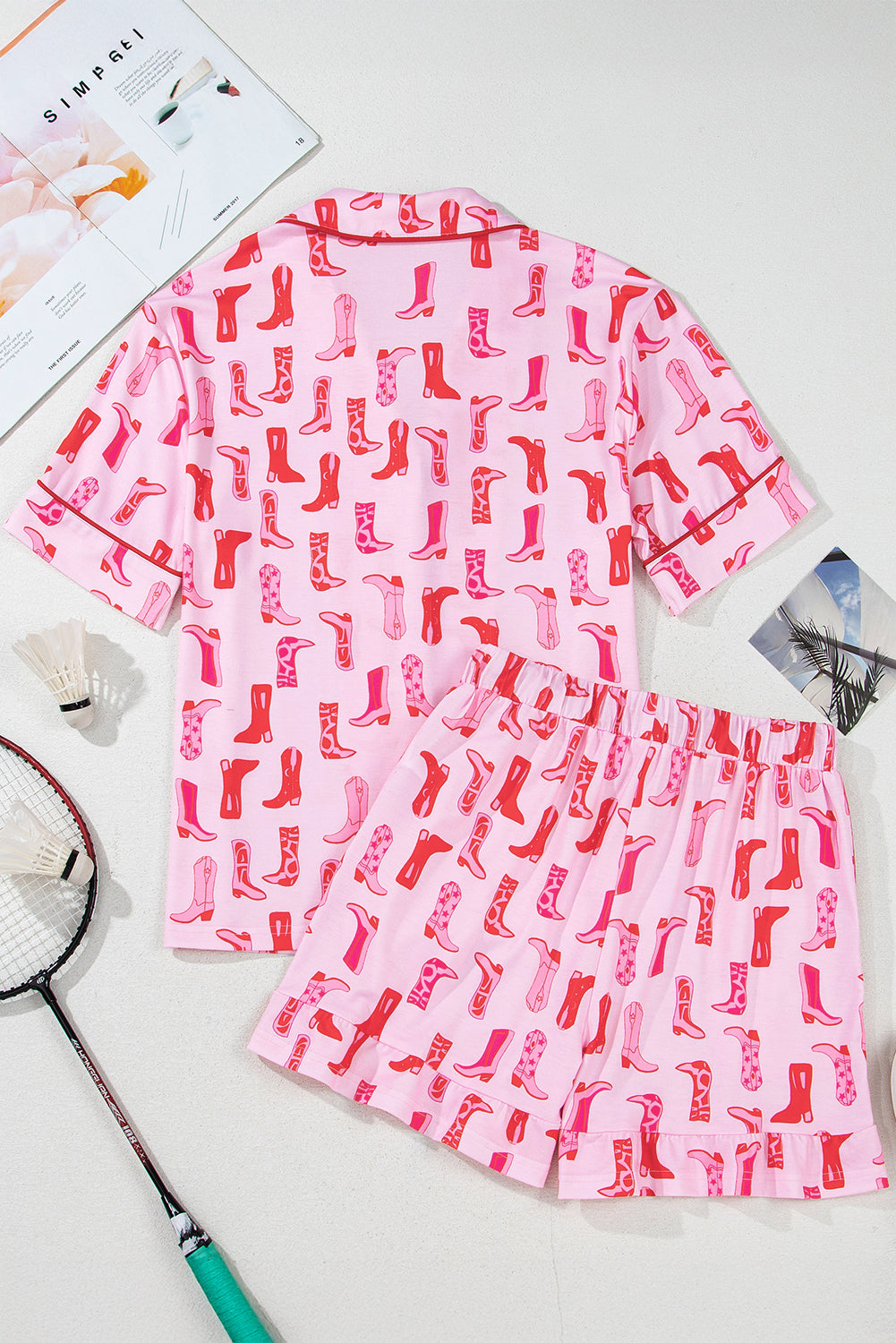 Pink Western Cowgirl Boots Printed Shirt Ruffled Shorts Pajama Set 🇨🇳